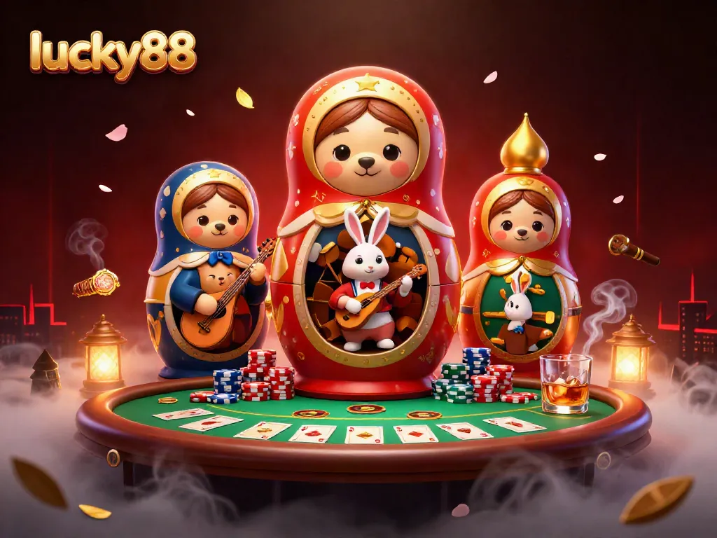 Join the excitement at lucky88 with this vibrant and detailed casino scene featuring animated characters and vibrant gambling elements.