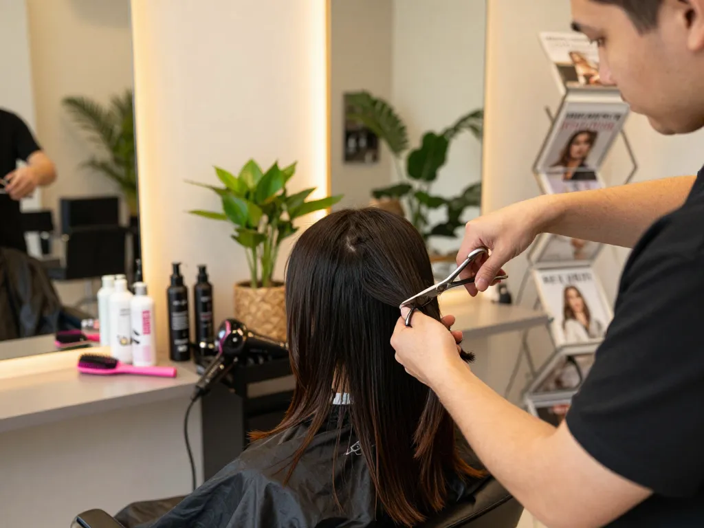 プロの道具で髪を切っているスタイリストを特集したトレンディなヘアサロン、温かく魅力的な雰囲気の中で。