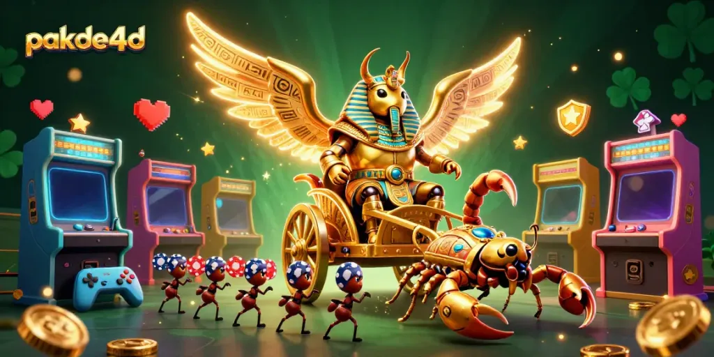 Experience excitement with pakde4d illustrated as a golden scarab beetle among vibrant casino game elements.