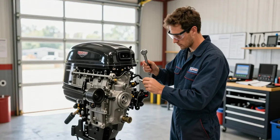 Technician inspecting a used outboard engine USA in a service bay.