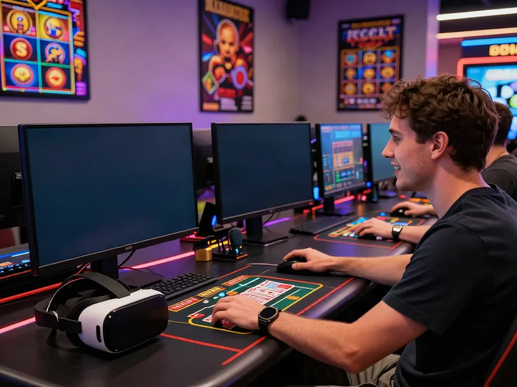 Player engaged in online credit card casinos gaming with colorful slots and accessories in a lively setup.