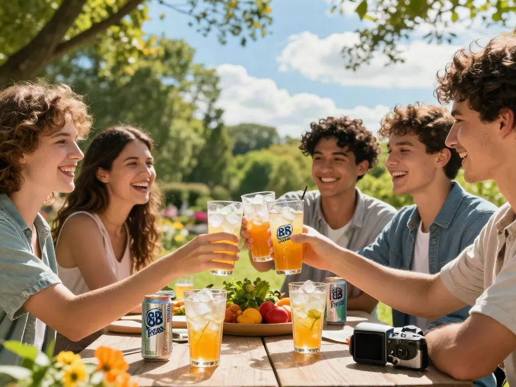 Friends enjoying ROKOK88 soda together outdoors on a sunny day.