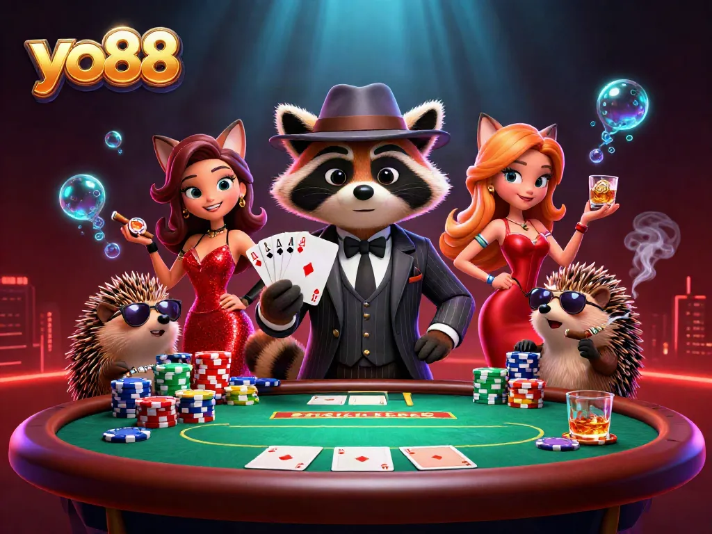 Engage with yo88's thrilling poker scene featuring a suave raccoon and a glamorous fox.