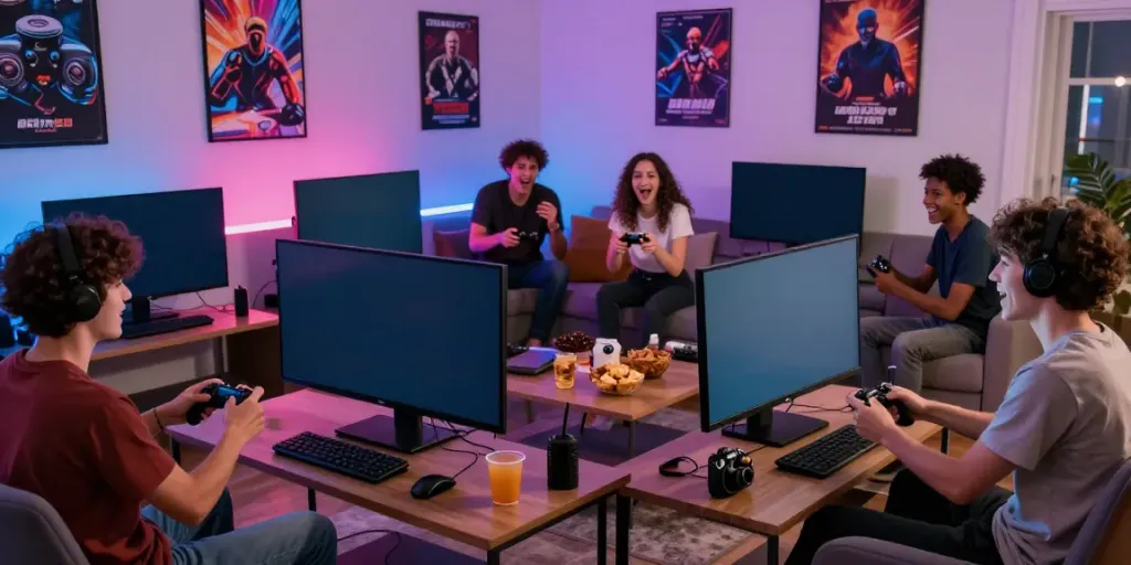 Friends engaged in gaming on rokok88 platform, showcasing fun and teamwork.