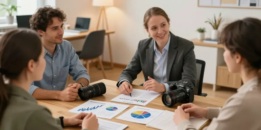 Vertrauter Finanzberater erklärt Geldanlage und ETFs in lokalem Büro.