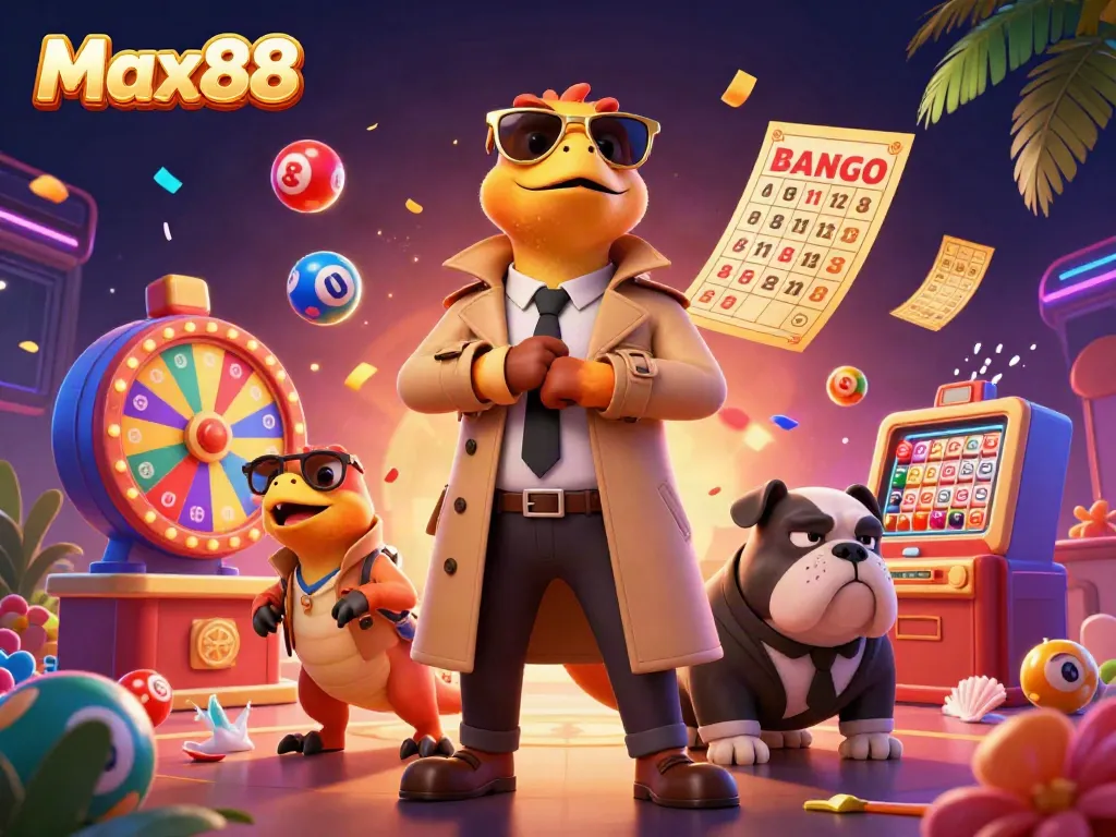 Max88 raptors hilariously attempting to enter a VIP casino lounge amidst dynamic lottery balls and gaming elements.
