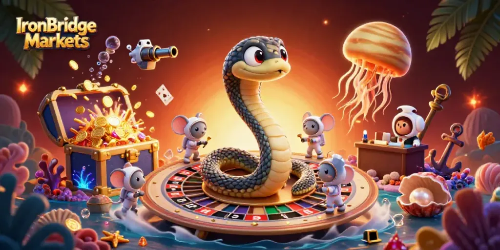 Experience winning strategies at IronBridge Markets with an engaging roulette-themed cosmic game scene.