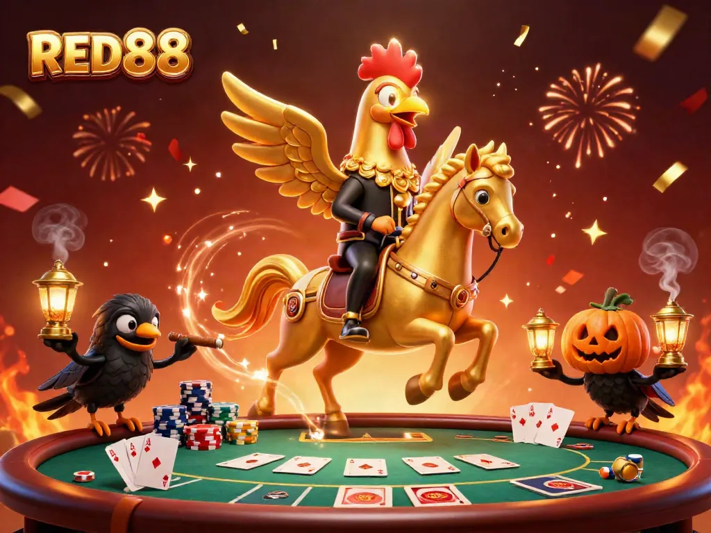 Join the thrill of RED88 gaming with engaging golden rooster characters amidst dramatic casino elements and festive confetti.