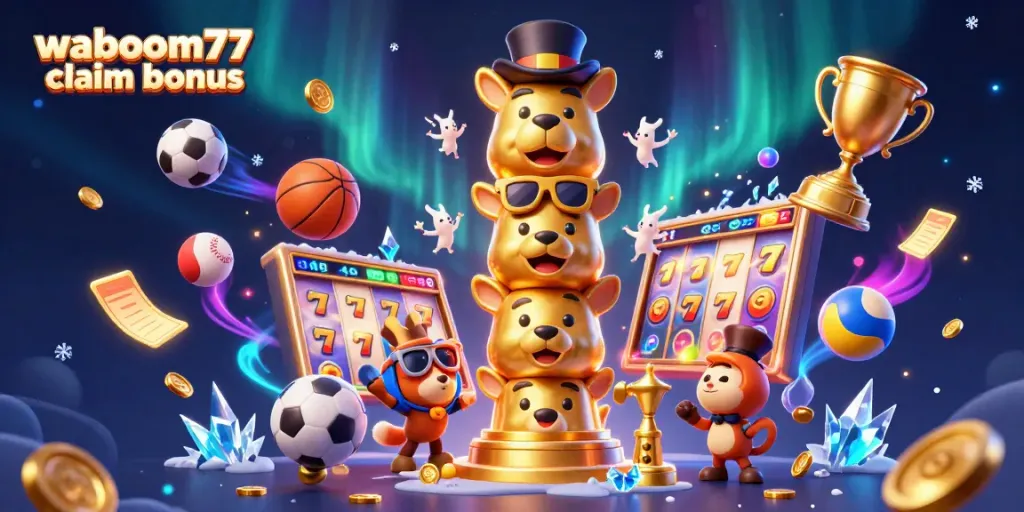 Engage with the exciting waboom77 claim bonus in this vibrant casino-themed illustration.