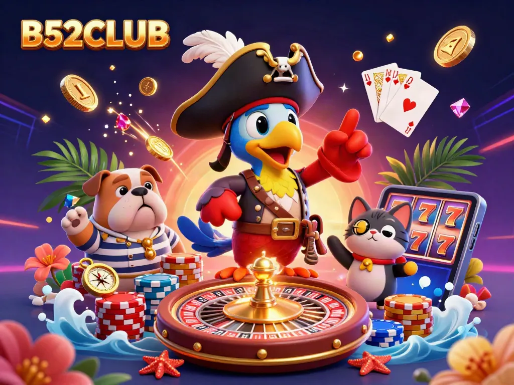 B52CLUB presents a vivid casino scene with pirate characters and dynamic game elements, showcasing excitement and engagement.