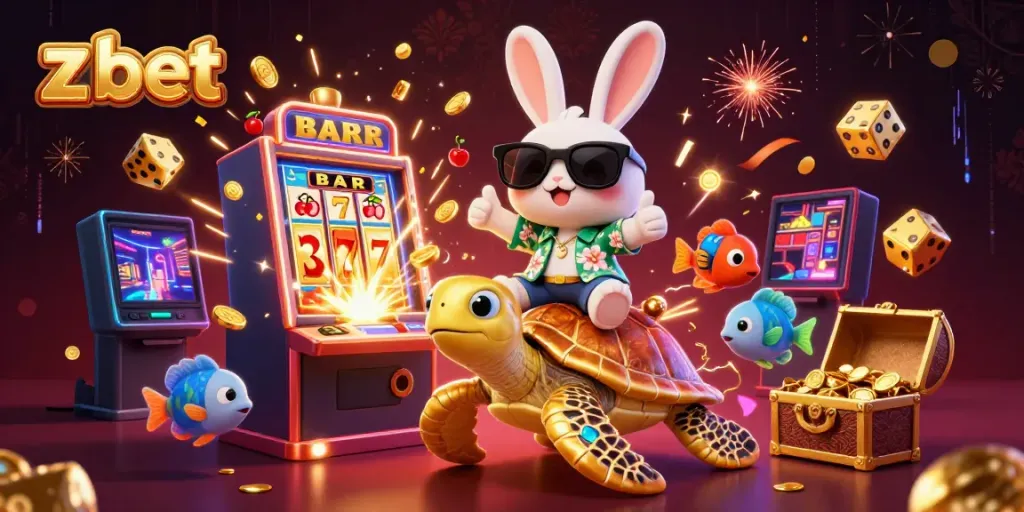 Engaging scene of z bet with a lucky rabbit and golden turtle surrounded by casino elements and vibrant fish.