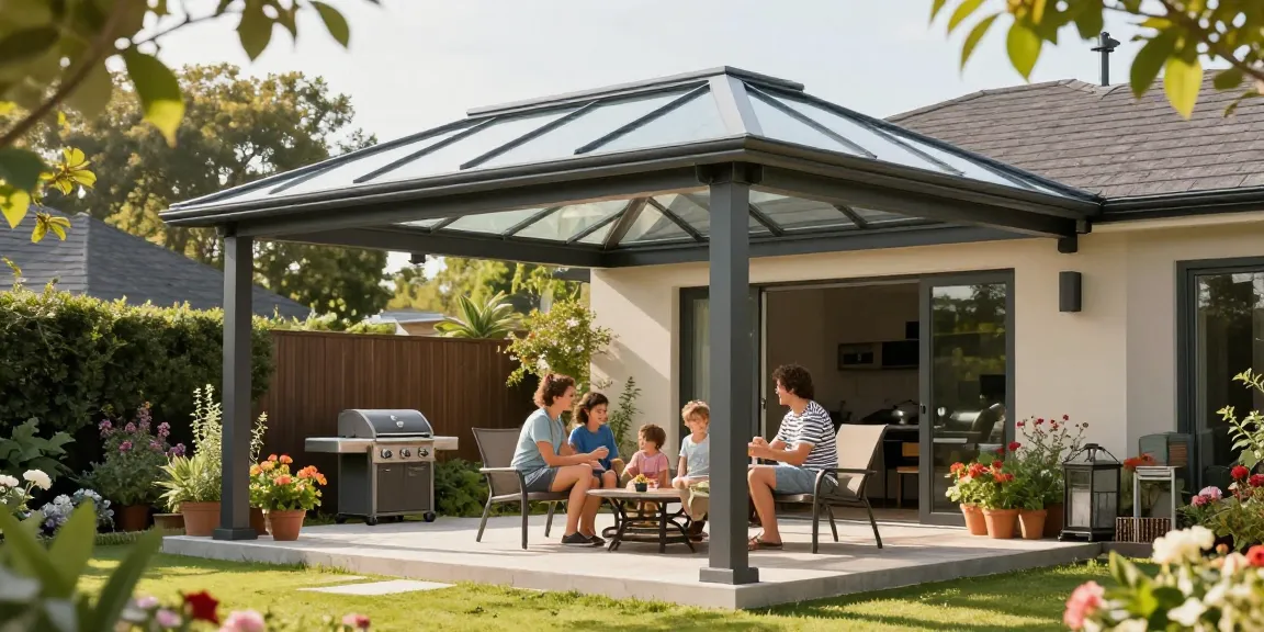 Terrassenüberdachung aus Aluminium in einem perfekten Garten mit einer Familie, die die Sonne genießt.