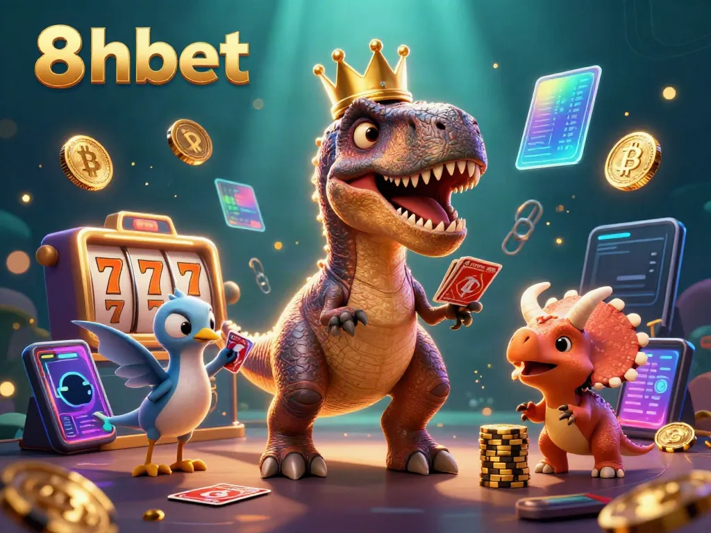 Experience fun gaming action with 8xbet featuring adorable T-Rex shuffling cards and neon crypto coins.