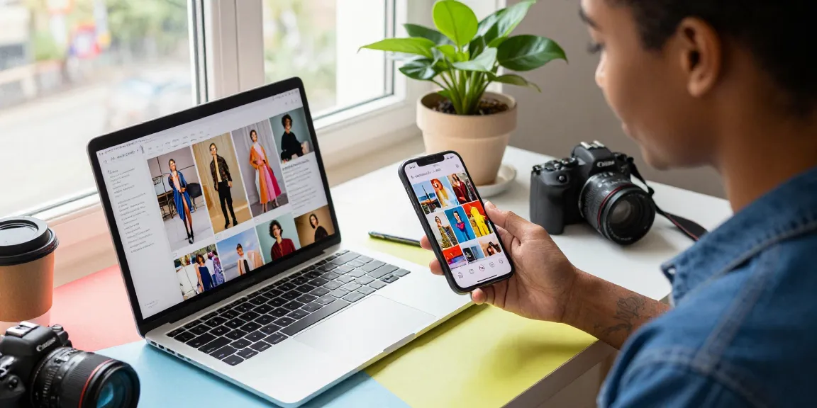 Instagram Follower kaufen: Influencer bei der Arbeit, Smartphone und Laptop in einem kreativen Umfeld.
