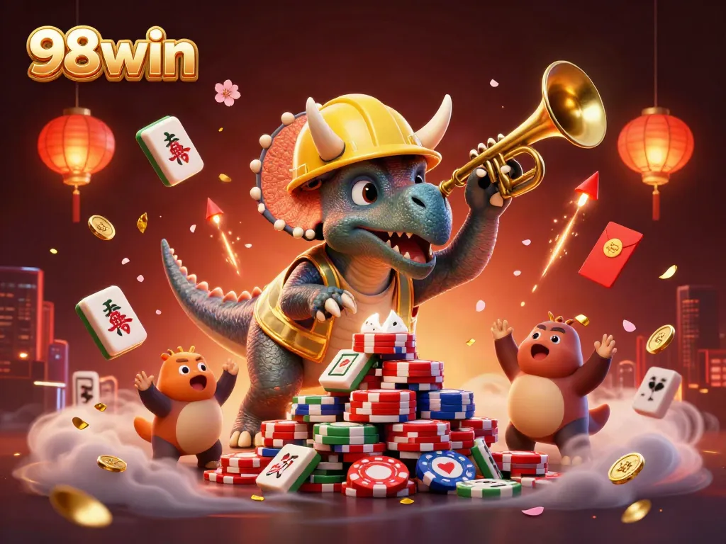 Celebrate winnings at 98win with a dynamic cartoon scene featuring joyful dinosaurs and festive casino elements.