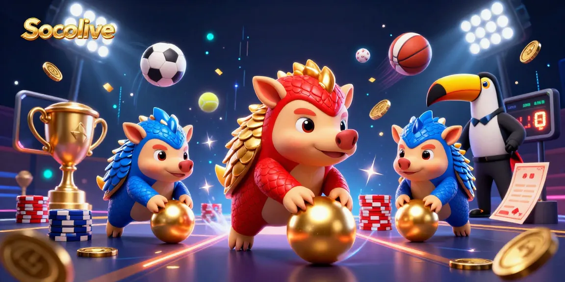 Socolive showcases a vibrant 3D illustration of two rival pangolins, representing thrilling sports betting moments with dynamic elements.