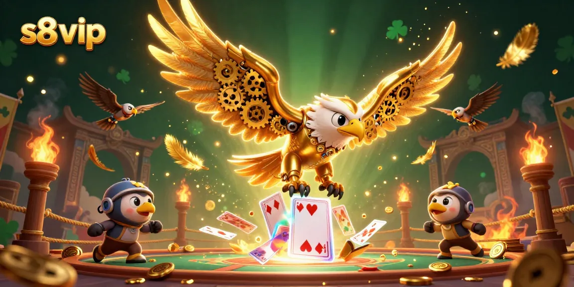 Experience the excitement of s8 vip with a dynamic scene featuring a cybernetic eagle diving through playing cards and surrounded by gold.