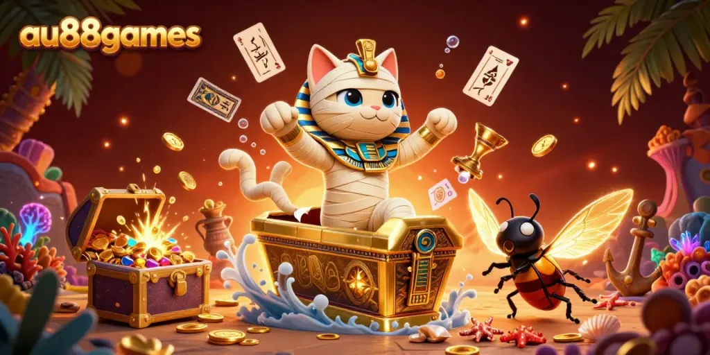 Experience thrilling gameplay at au88games with vibrant casino-themed characters in a dynamic 3D illustration.