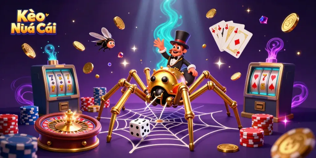 Kèo Nhà Cái illustration showcasing a vibrant 3D casino scene with characters and dynamic gambling elements.