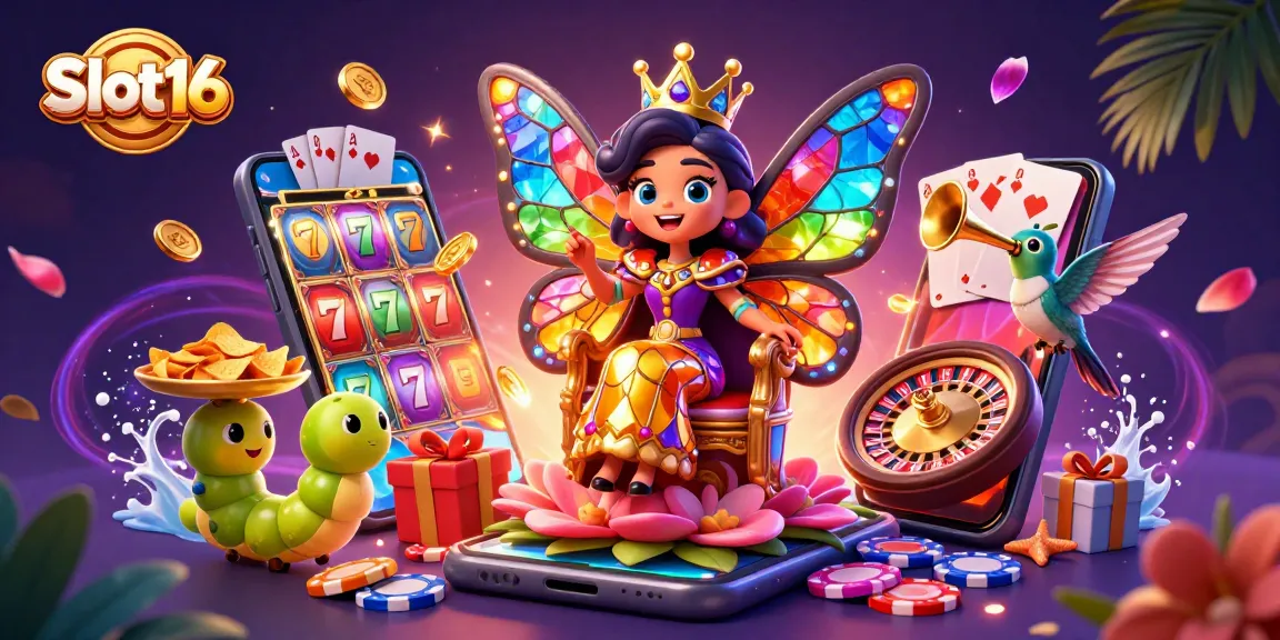 Engage in the vibrant world of Slot16 with a 3D illustration featuring a butterfly queen and colorful slot game elements.
