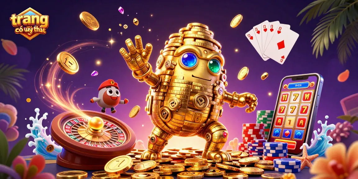 Experience the excitement of trang cá cược uy tín with a vibrant casino scene featuring a golden golem and gaming elements.