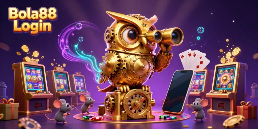 Engage with stunning gameplay visuals at Bola88 Login featuring golden clockwork owl and casino elements.