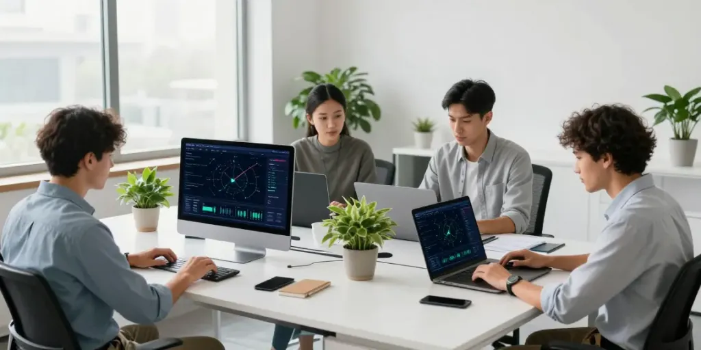 Dynamic workspace showcasing collaboration on 快连 network acceleration, featuring diverse professionals, laptops, and high-tech displays.