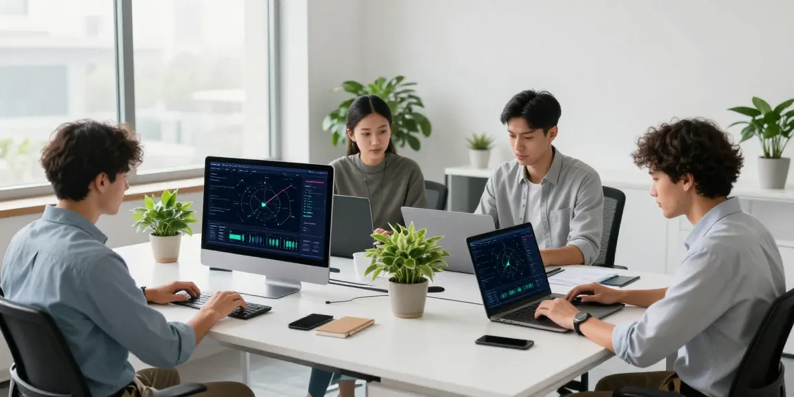 Dynamic workspace showcasing collaboration on 快连 network acceleration, featuring diverse professionals, laptops, and high-tech displays.