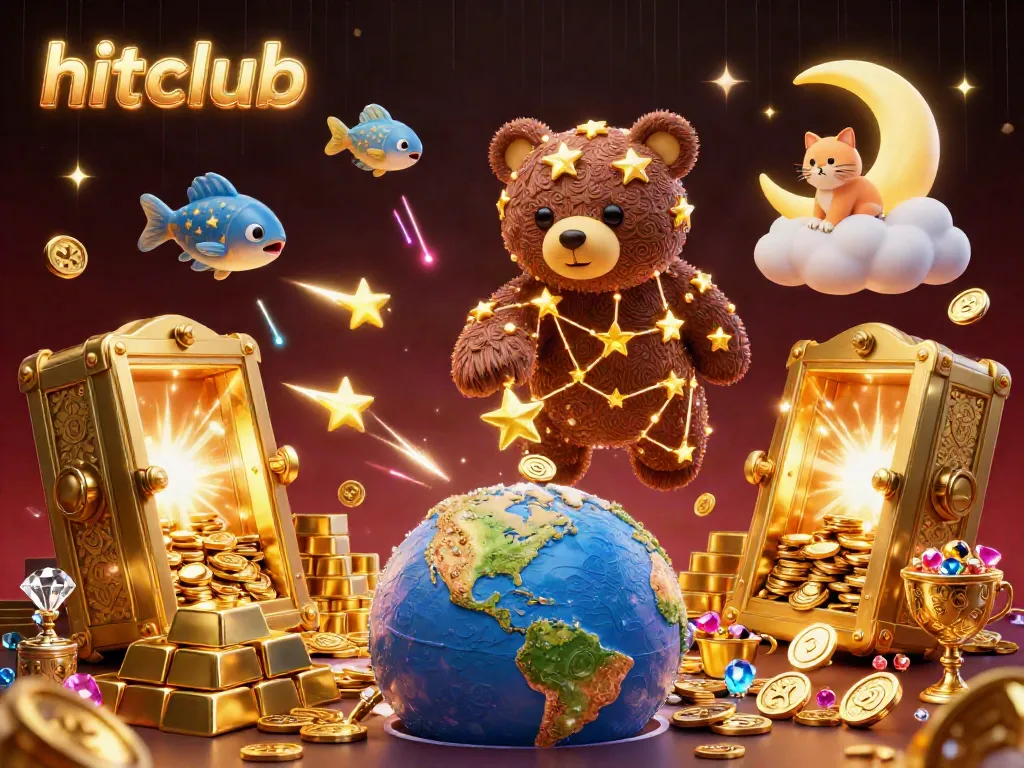 Hitclub illustration featuring a constellation bear scooping coins with dazzling casino elements.