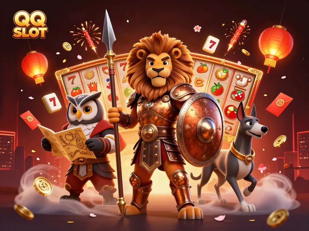 Experience the excitement of QQ SLOT with a heroic scene of a Spartan lion and mystical elements in action.