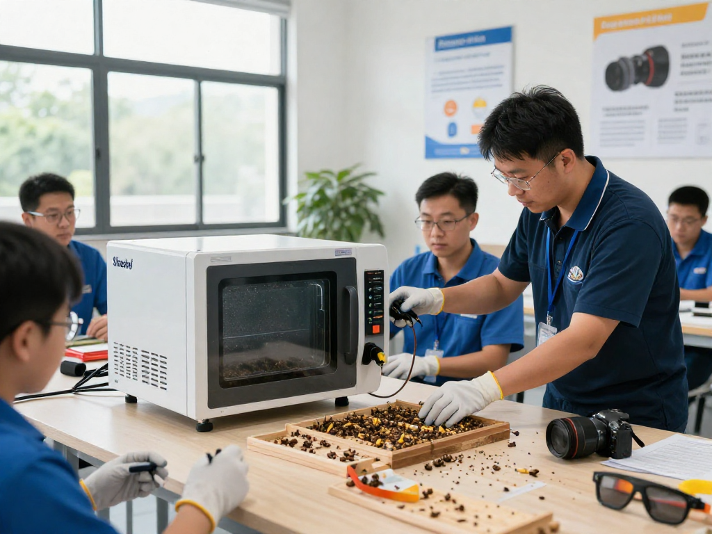 Shashel equipment in a pest control workshop, showcasing advanced microwave technology for quick elimination of wood-boring beetles.