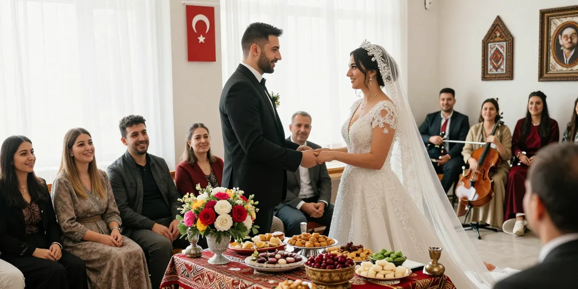 Couple celebrating Turkish Citizenship by Marriage during a joyful wedding ceremony with cultural elements.