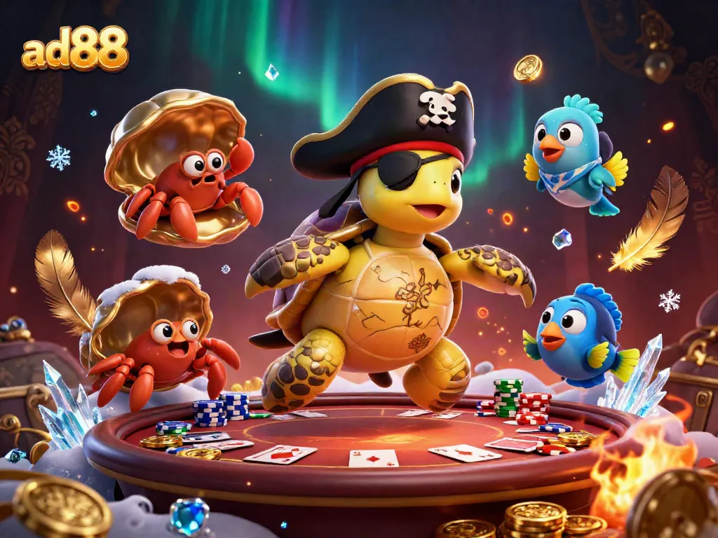 Engage with ad88's immersive casino scene featuring a pirate turtle and a poker table.