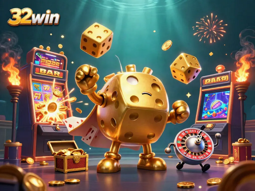 Experience thrilling gameplay with 32win in this vibrant casino-themed 3D illustration showcasing golden dice and a jackpot explosion.