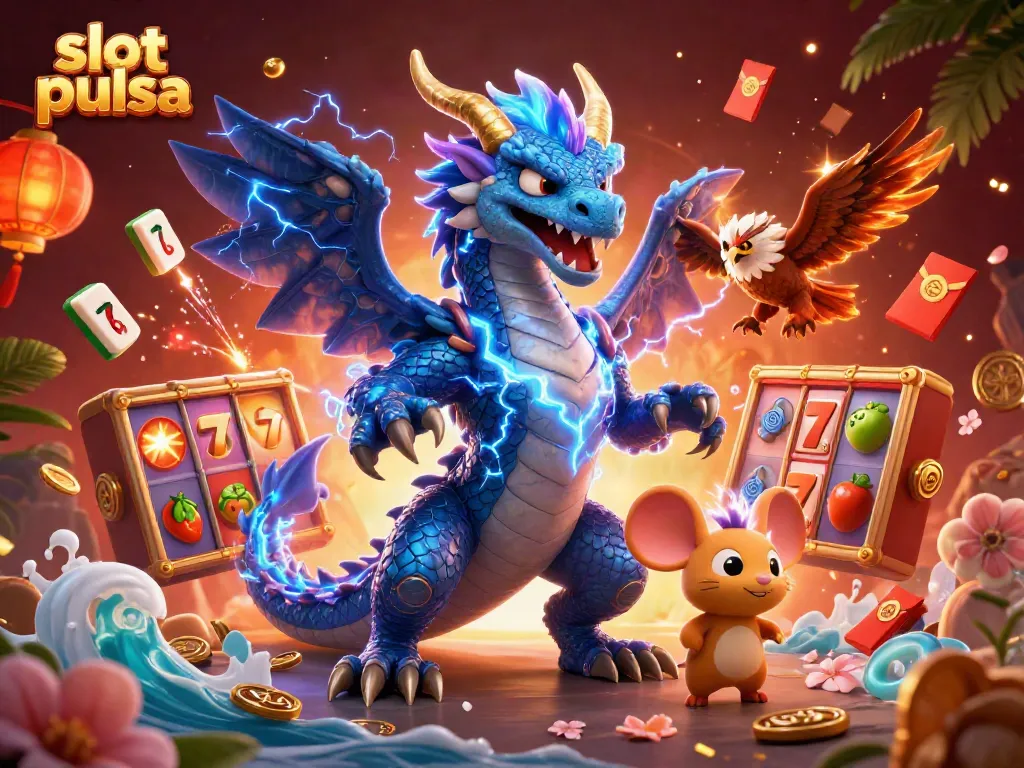 Experience thrilling slot pulsa excitement with stunning visuals of a dragon and gaming elements in a vibrant scene.