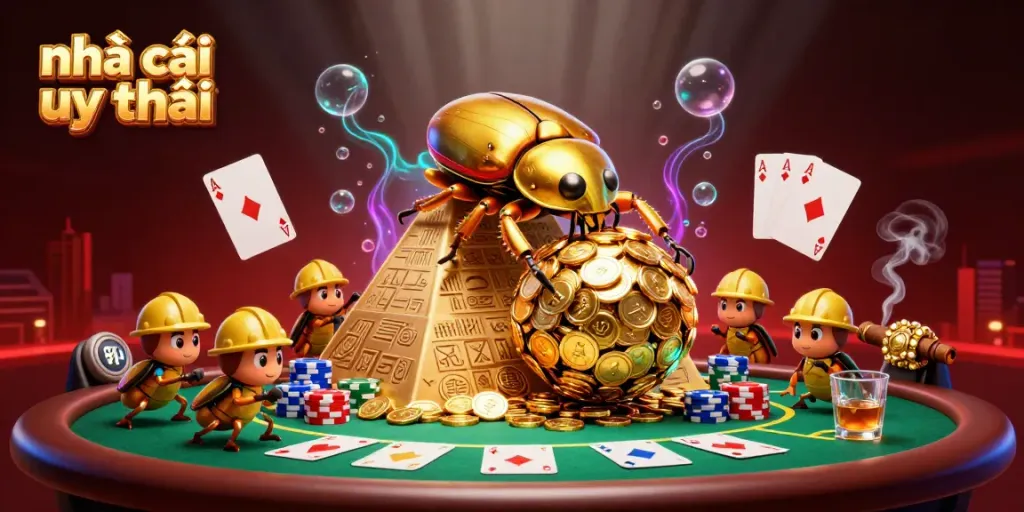Engaging casino scene with a massive golden dung beetle symbolizing nhà cái uy tín, surrounded by vibrant poker elements and coins.