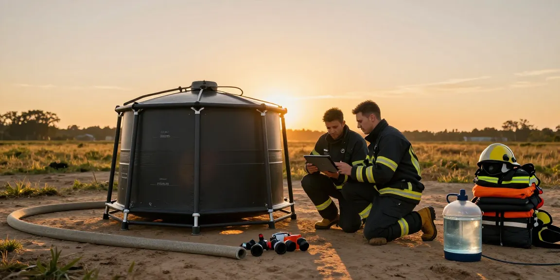 Löschwasserzisterne mieten: Feuerwehr und Techniker richten eine faltbare Löschwasserzisterne ein.