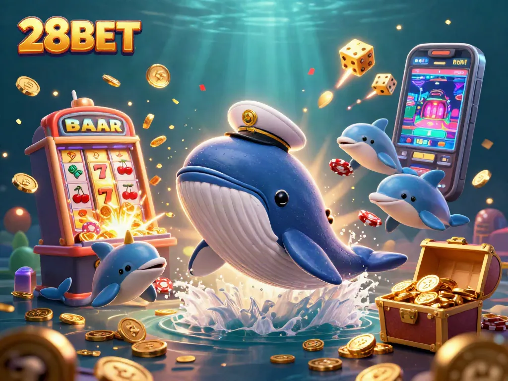 Win big with 28BET's exciting casino scene featuring a whale and dolphins amidst dynamic game elements.