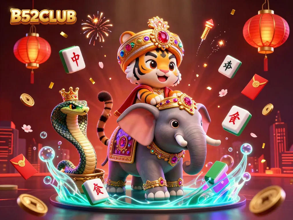 B52CLUB showcases a vibrant 3D digital casino scene with an elephant, tiger, and cobra amidst colorful decorations.