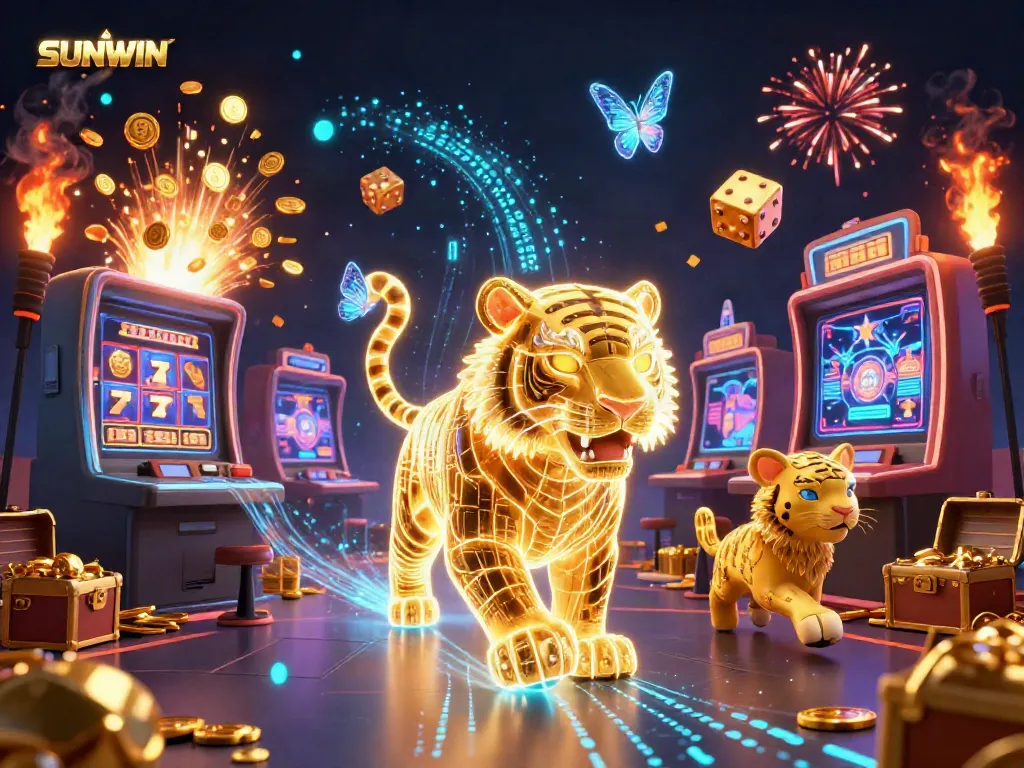 SUNWIN immersive casino scene featuring a neon tiger, slot machines, and vibrant jackpots.