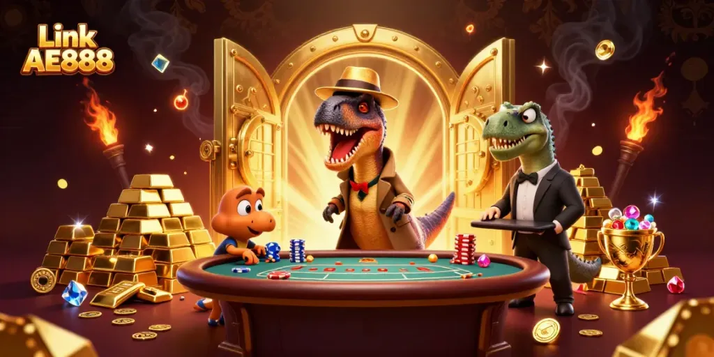 Experience the thrill of gambling with Link AE888 at a vibrant 3D casino scene.