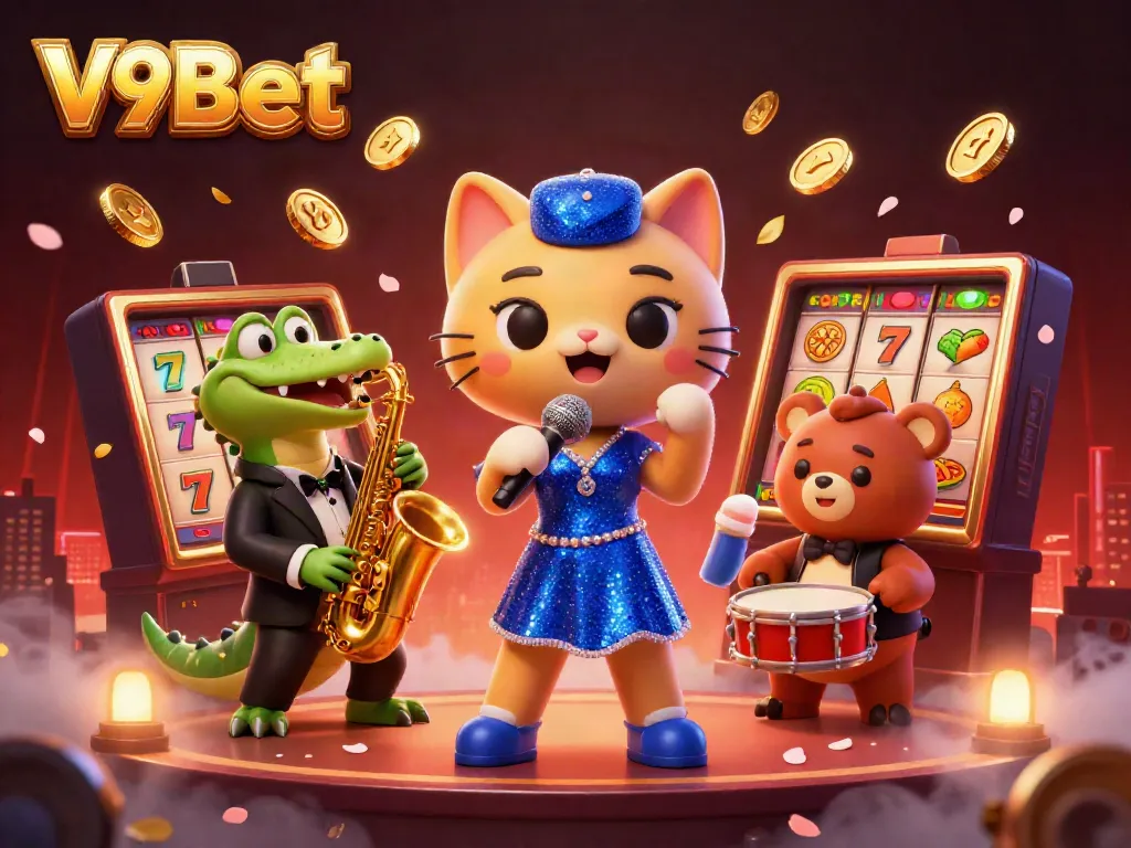 Experience the vibrant gaming world of V9Bet with playful characters and slot elements.