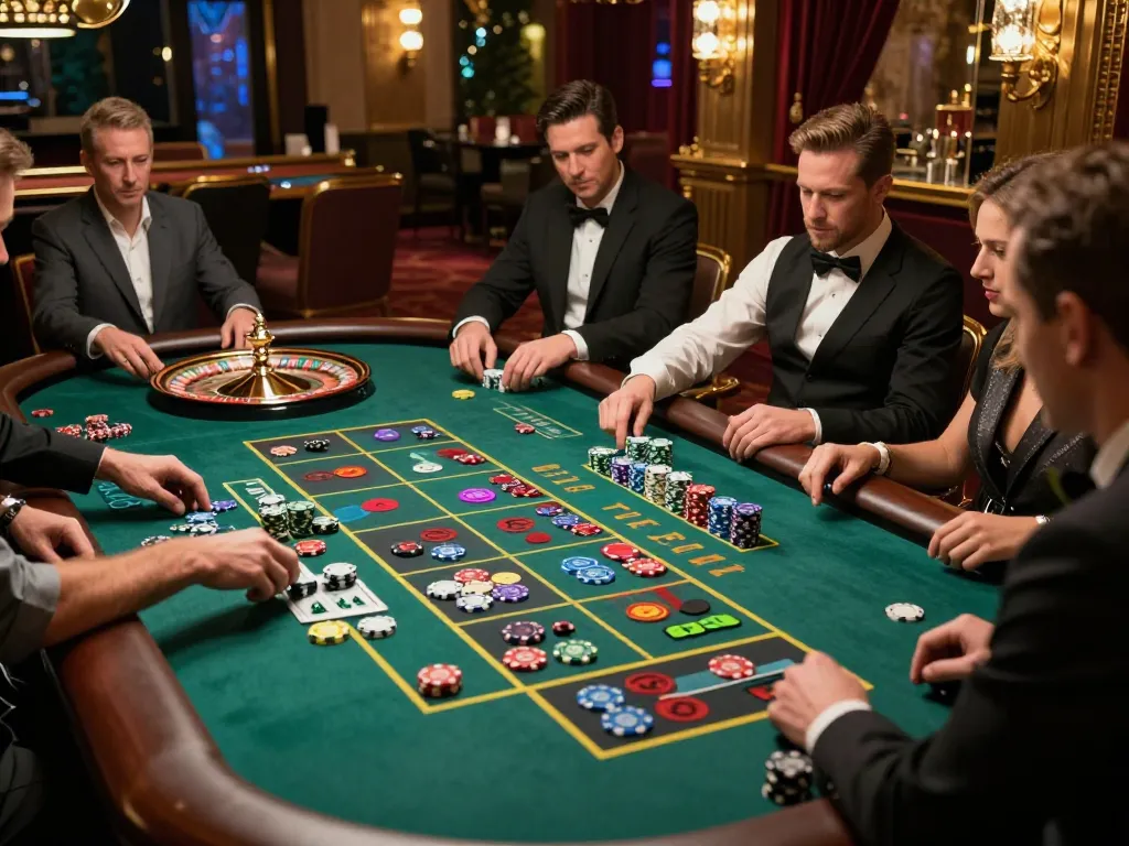 TG88 players engaging in a high-stakes roulette game with vibrant chips and dynamic wheel action.