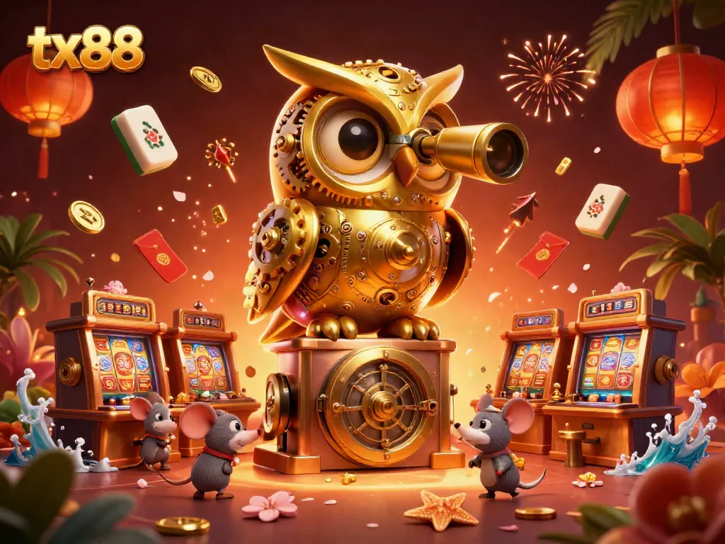Experience the excitement of tx88 with a lively casino scene featuring a golden owl and playful mice.