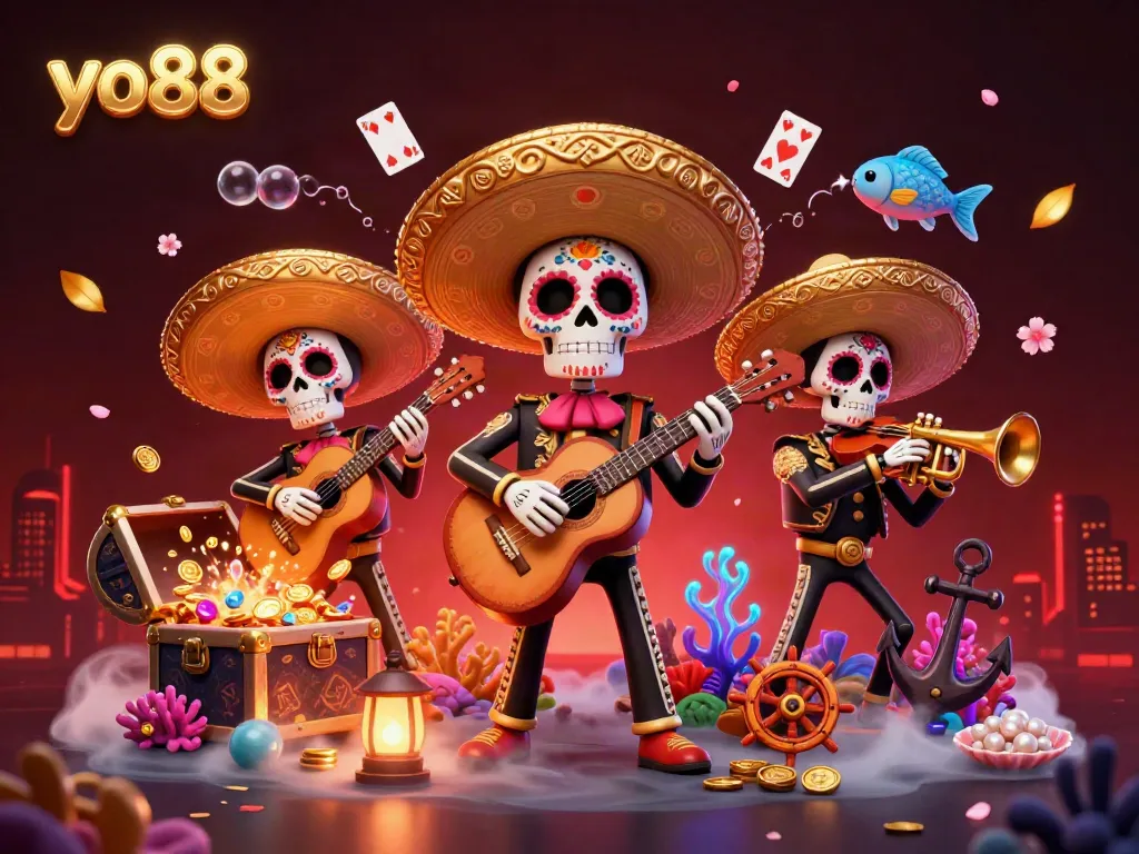 Experience vibrant gaming excitement with the lively yo88 mariachi band amidst treasure and casino elements.