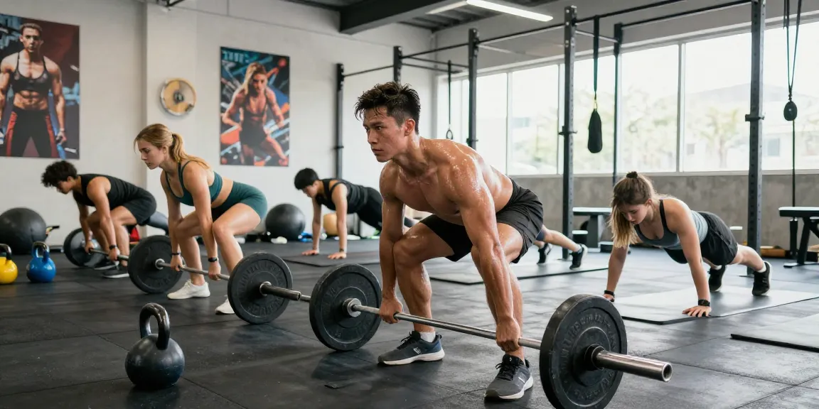 Aktive Sportler im Global Pharma Steroid Shop Fitnessstudio während eines intensiven Trainings mit Gewichten und Motivation.