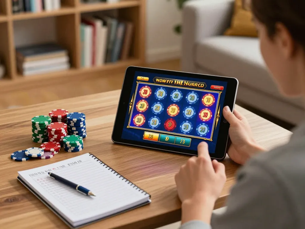 situs slot thailand player engaged in an online slot game on a tablet in a cozy home environment