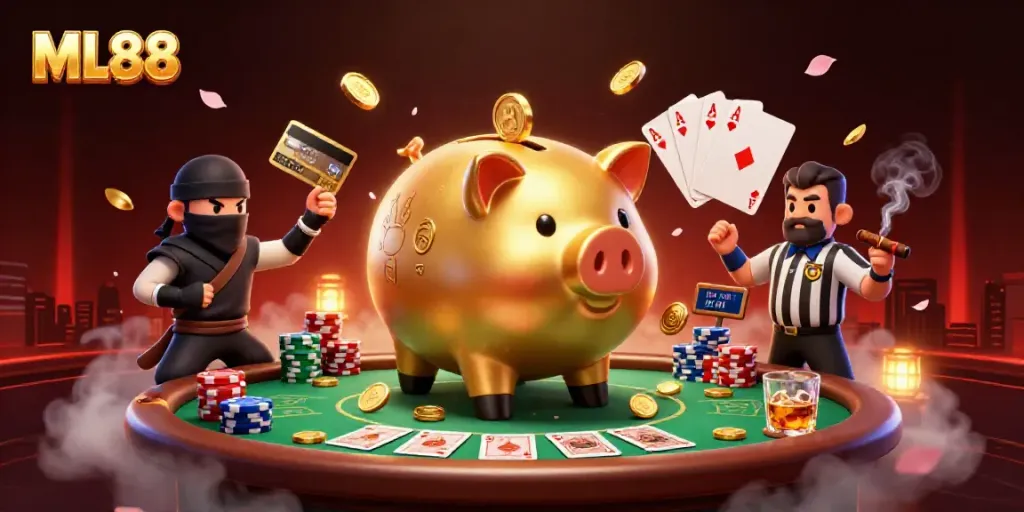 ML88 features a joyful golden piggy bank sumo wrestler victorious in a vibrant casino scene.