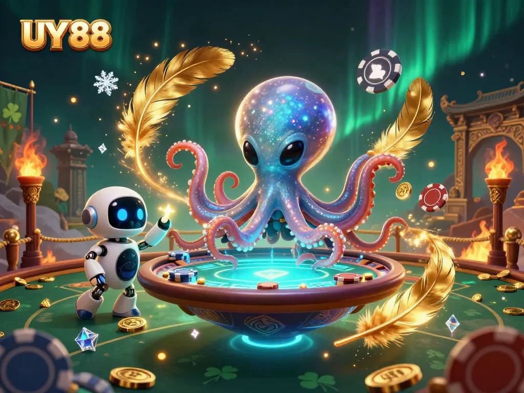 Engage with vibrant UY 88 gaming illustrated by a cosmic octopus at a poker table.