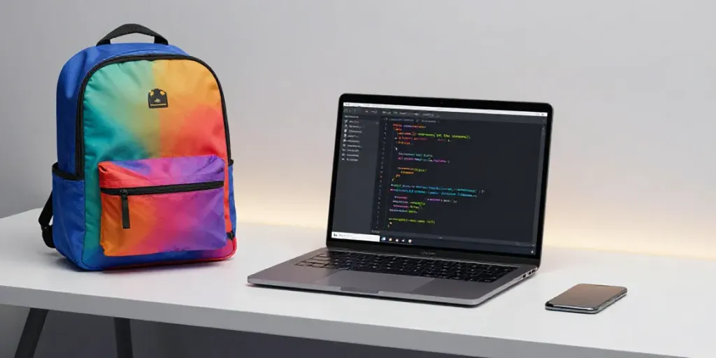 Bunter Rucksack für technologische Anwendungen, ideal für Software-Entwicklung und modernen Lifestyle.